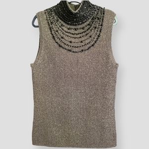 EVIE Beaded Silk Mock Neck Metallic Sleeveless Blouse Brown Gold